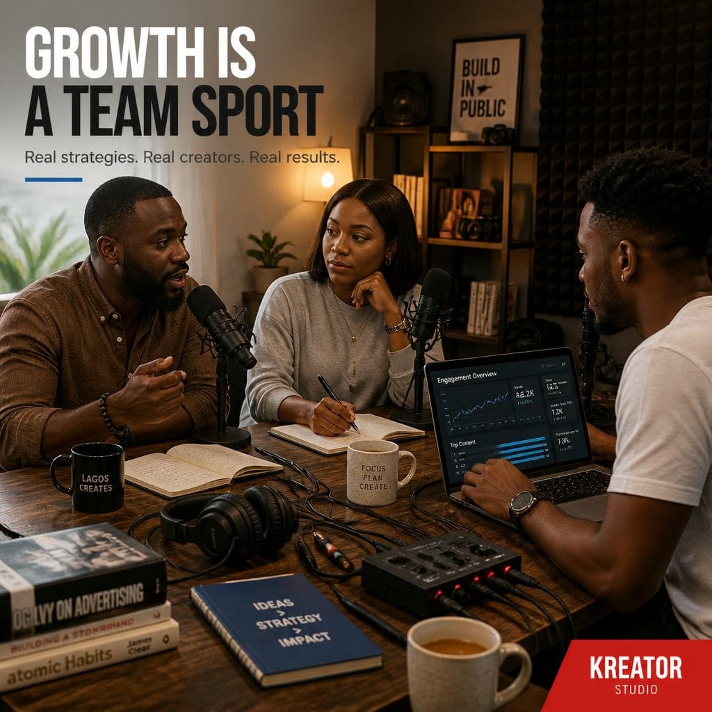 Nigerian creators discussing social media marketing in a podcast studio