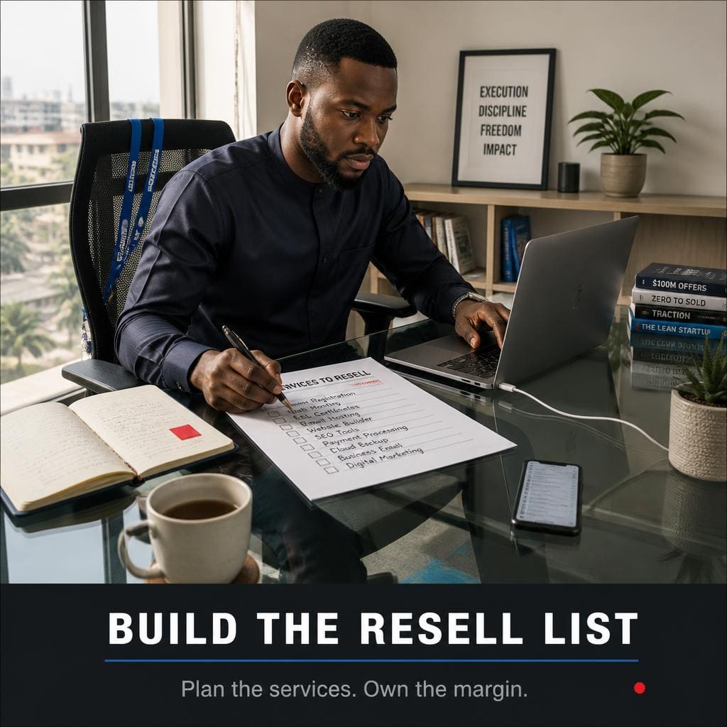Entrepreneur strategizing social media reseller business in office
